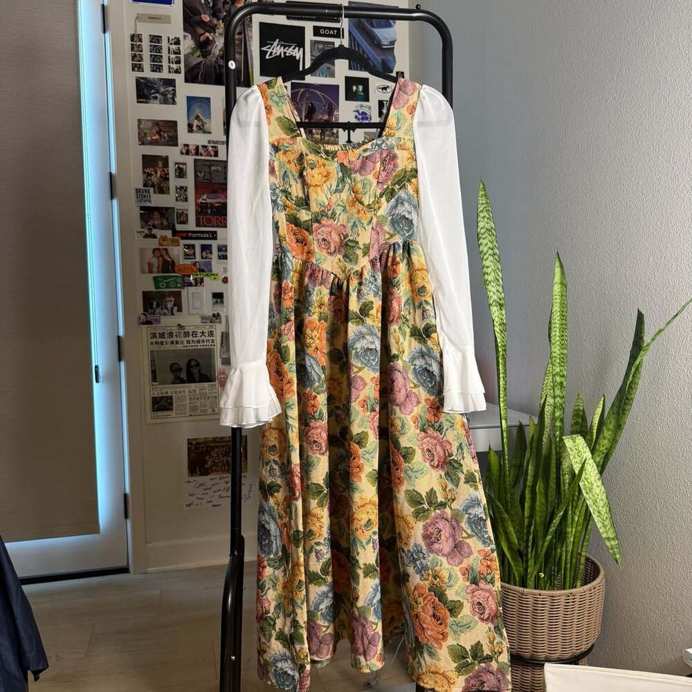 Vintage Floral Jacquard Cottagecore Midi Dress